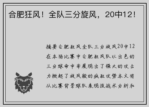 合肥狂风！全队三分旋风，20中12！