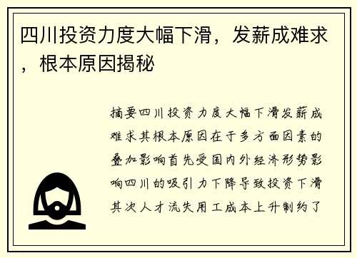 四川投资力度大幅下滑，发薪成难求，根本原因揭秘